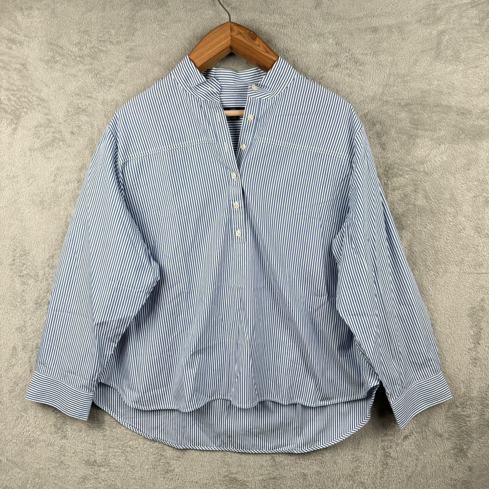 J.Crew‎ Henley Button Blouse Womens 20 Blue White Pinstripe Blade Collar Cotton